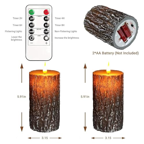 Image of Pine Bark Flameless Candles Set of 2, Christmas Candles with Remote & Timer