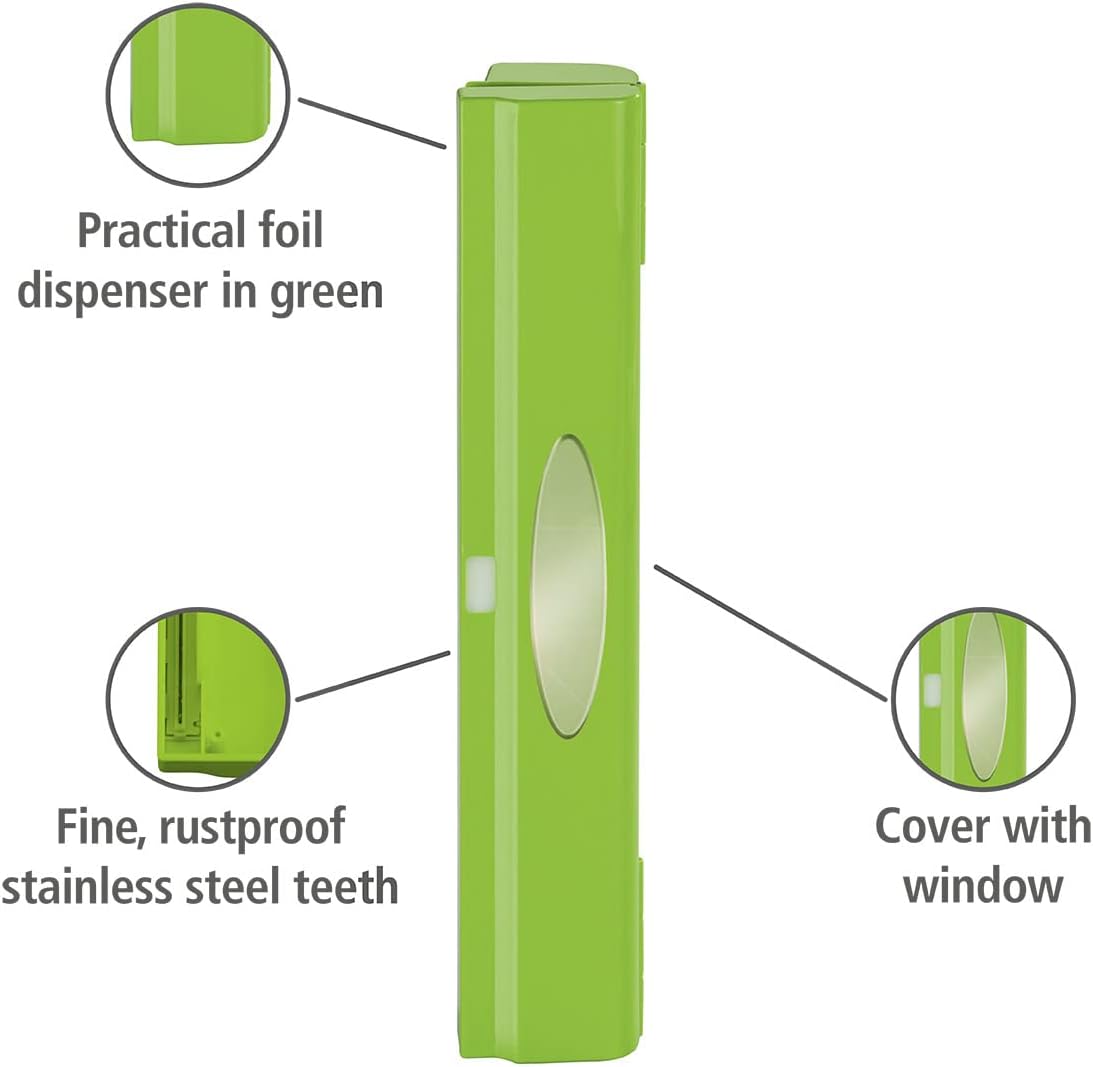 WENKO Plastic Wrap Dispenser with Cutter, Saran Film Holder, Refillable Aluminum Foil Wrap Dispenser with Slide Cutter for Kitchen Organization, 14.96 x 2.05 x 2.64 in, Green