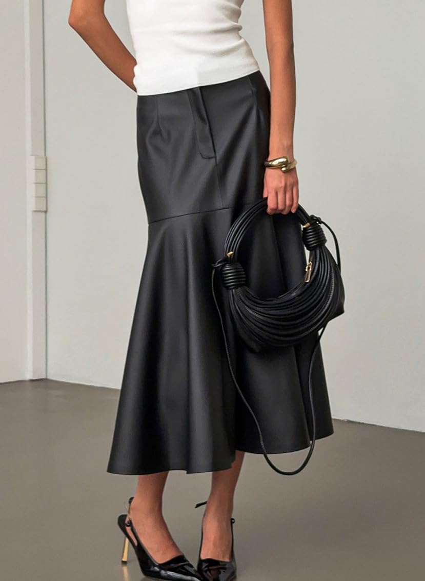 chouyatou Women Fall A-Line Pleated Faux Leather Skirt Work Elegant Swing Midi Long Fishtail Winter Skirt