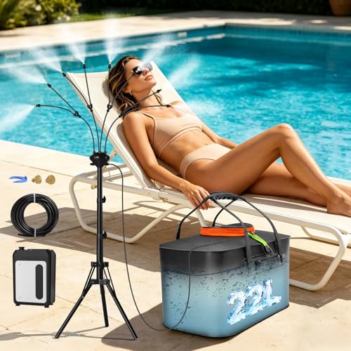 Bonviee 5.3FT Standing Mister for Outside Patio, Portable Misting System with Adjustable Tripod, 5.8Gal/22L Water Tank, 5200mAh Rechargeable Pump & 8 Flex Arm Nozzles for Outdoor Cooling