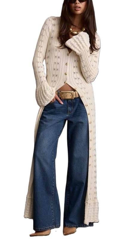 Women Long Crochet Cardigan Hollow Out Button Up Duster Sweater Trendy Long Sleeve Cover Up Knit Maxi Dress