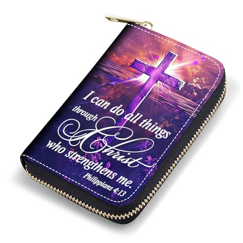 FQTBCEARI Credit Card Holder, RFID Blocking Small Leather Card Wallet for Women, Credit Card Wallet Organizer, Pocket Business Card Case with Zipper, Cross Quote Bible Verse Philippians 4:13
