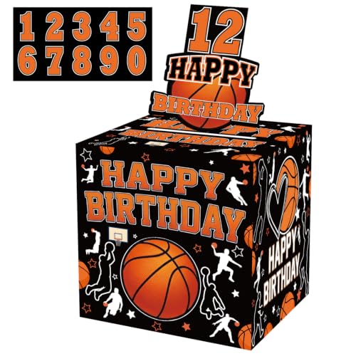 Aposwow basketball birthday money pull box in orange, black and white — shows the smaller cube and sports icons that place it as a game-day themed cash gift