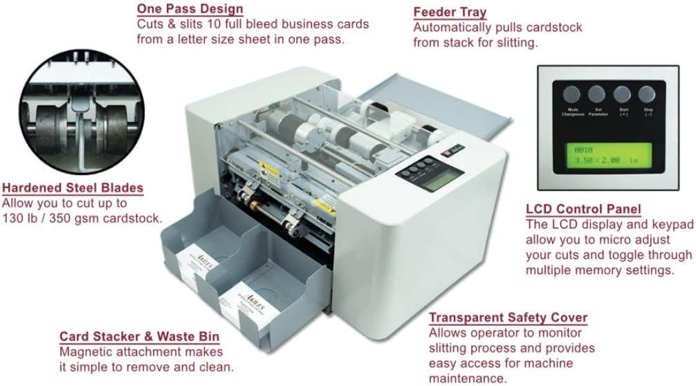 Akiles ACM-PRO Model CardMac Pro Automatic Business Card Slitter, 10 Cards Per Sheet, 50+ Cards Per Min Speed, 350 GSM Max Slitting Capacity, Letter (8.5" x 11") Sheet Size, Bleed Cutting