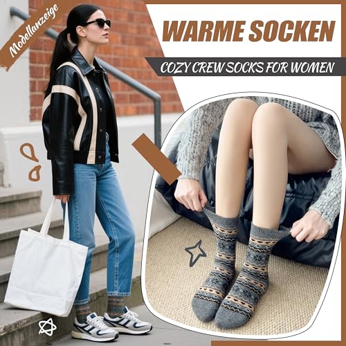 EBMORE Damen Merino Wollsocken, 5 Paar Wintersocken mit Schneeflocke – Bild 5