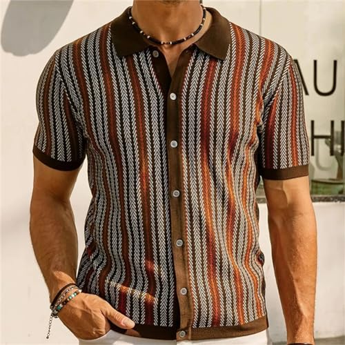 Generic Men's Short Sleeve Stripe Knitted Shirt Button Down Polo Shirts Vintage Business Casual Cardigans2