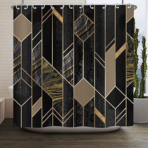ASDCXZ Cortina de Ducha Mármol Negro Dorado 180x180 cm, Moderna Luz de Lujo Línea Dorada Aspecto de Mármol Cortinas de Ducha de Baño Tela de Lavable Cortina de Ducha de Baño Impermeable con 12 Ganchos