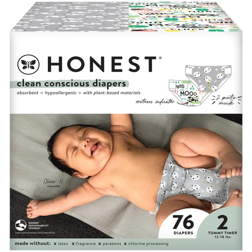Image of The Honest Company Clean Conscious Diapers | Plant-Based, Sustainable | Pandas + Barnyard Babies | Club Box, Size 2 (12-18 lbs), 76 Count