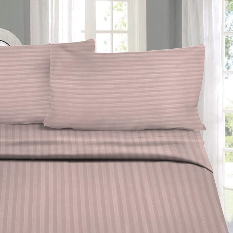 Image of NAKSH Elastic Fitted Bedsheets King Size 78 x 72 Inch, 210 TC Stripes Pure Cotton, Cameo Rose | 1 King Size Bedsheet with Elastic Fitted and 2 Pillow Covers