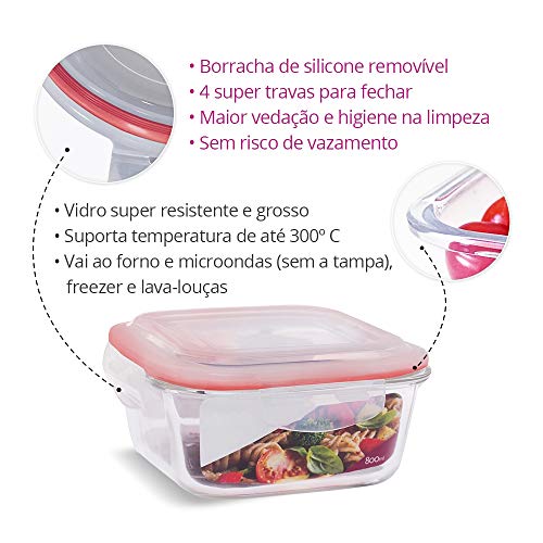 KIT 10 Potes de Vidro Quadrado com Tampa Hermética 800ml Cor:Vermelho (LP)