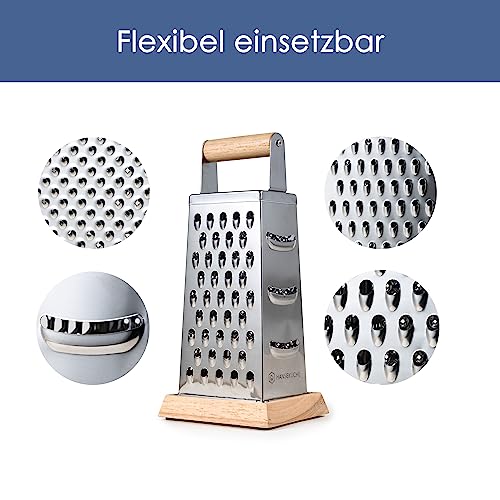 Foto von Hanseküche Premium Reibe aus Edelstahl mit Holzboden – Gemüsehobel mit edlem Auffangbrett, Vierkantreibe, Küchenreibe, Käsereibe, Gemüsehobel, Allzweckreibe, Standreibe, mit Behälter