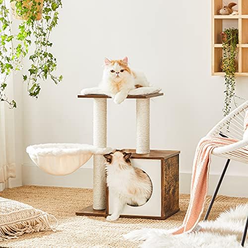 FEANDREA Cat Tree, Wooden Cat Condo, Removable Cushions, Rustic Brown PCT122X01