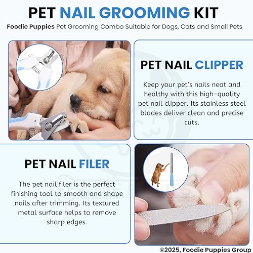 Image of Foodie Puppies 4-in-1 Pet Grooming Kit for Dogs & Cats | Cordless Electric Trimmer, Nail Clipper with Filer, Curved Scissors and Steel Flat Comb | Low Noise, Rechargeable, Professional Grooming Set