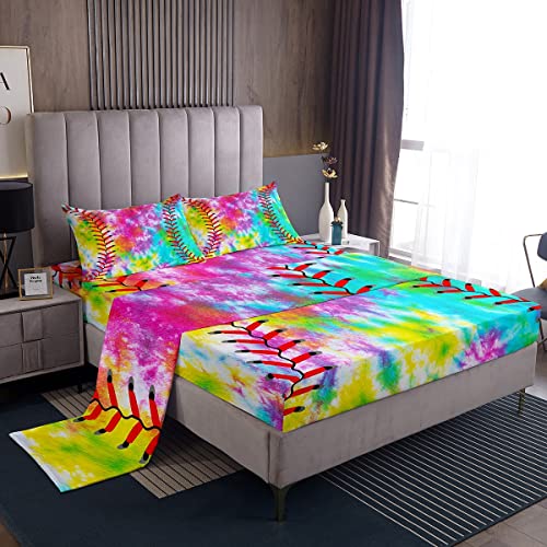 Kids Baseball Bedding Set Boys Girls Softball Sports Game Bed Sheet Set Girly Colorful Tie Dye Fitted Sheet Teens Men Baseball Gaming Bed Cover Rainbow Room Decor Queen Size 4Pcs Bedding She