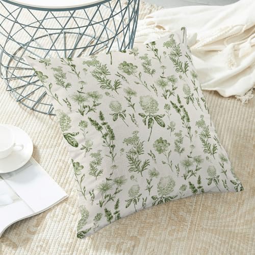 Image of AEIOAE Sage Green Spring Pillow Covers 16x16 Inch Set of 2, Wild Flower Leaves Plant Throw Pillows Case,Seasonal Floral Outdoor Decorative Farmhouse Decor Cushion Covers for Home Sofa Bed Couch