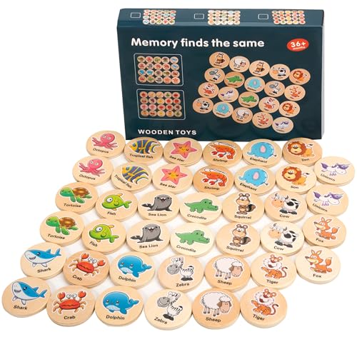 Jesustree Jeux de Paires et de Mémoire en Bois, Jeu de Mémoire Assorti, Cadeau Puzzle Précoce Assorti Cognitifs pour Enfants 3 à 6 Ansl, Animaux de la Forêt et Créatures Marines