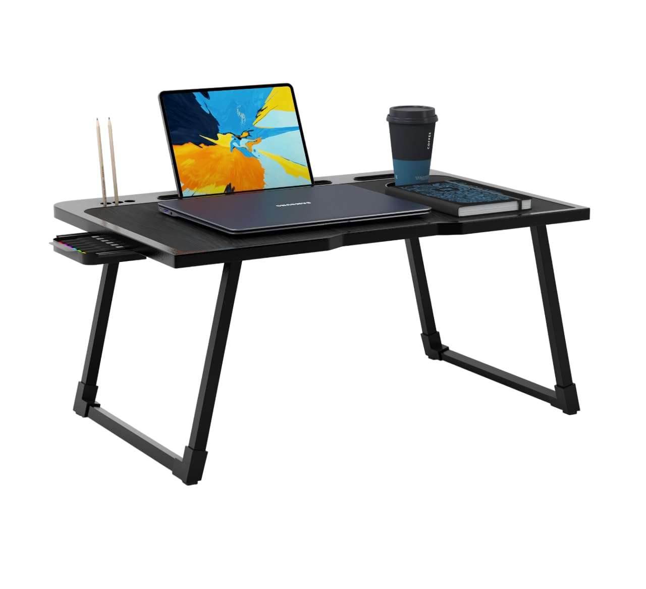 Engineered Wood Multipurpose Foldable Laptop Table with Cup Holder | Table Home Study Writing Table, Foldable and Portable/Ergonomic Edges (Black, 60[L] X 40[W] X 24[H] cm)-image-17