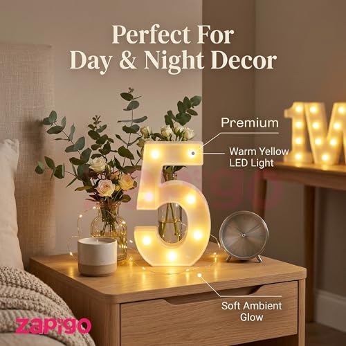 Image of Balloonistics LED Marquee Number 5 Light - 9-Inch Cordless | Cordless Battery-Operated, Standing Sign, 5th Birthday & Anniversary Decor, Wedding & Home Decor