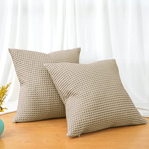 Phf 100% Cotton Waffle Weave Throw Pillow Cover, 20" X 20", No Insert, 2 Pack Elegant Home Decorative Square Throw Pillow Covers For Bed Couch Sofa, Khaki #TOP4