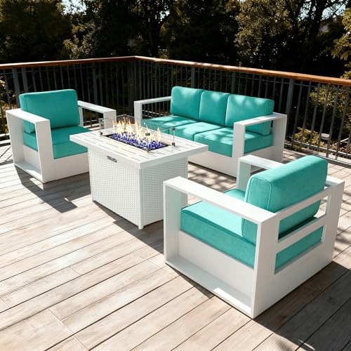 Image of LayinSun Oversized Aluminum Outdoor Furniture Set, 4 Piece Patio Sofa Sets with Fire Pit Table, Deep Seating and Upgraded 6-inch Cushions for Porch, Balcony, Deck