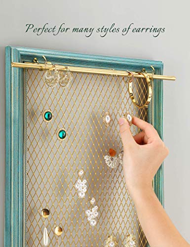 Heesch Hanging Earring Organizer Frame Wall Mounted Jewelry Holder Vintage Rustic Stud Earring Display With Removable Rod And 12 Hooks For Necklaces, Bracelets And Rings (Teal) #TOP1