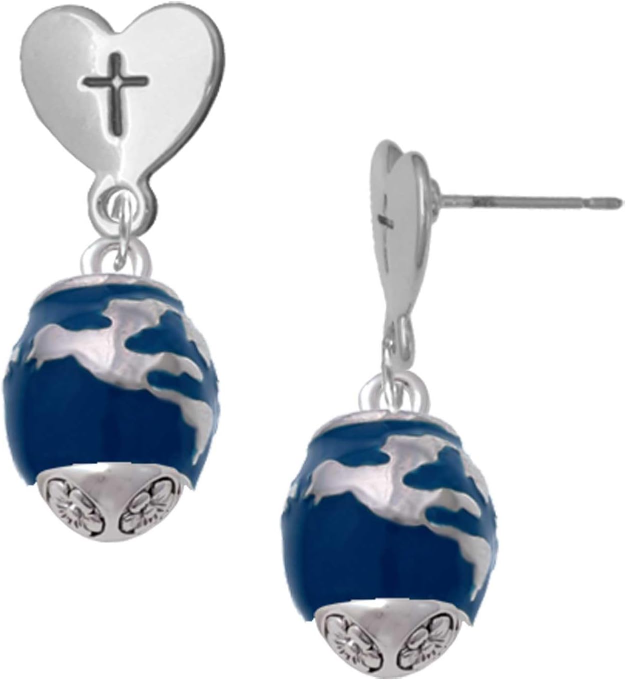 Delight Jewelry Silvertone Blue Enamel World Globe Spinner Cross in Heart Post Dangle Earrings