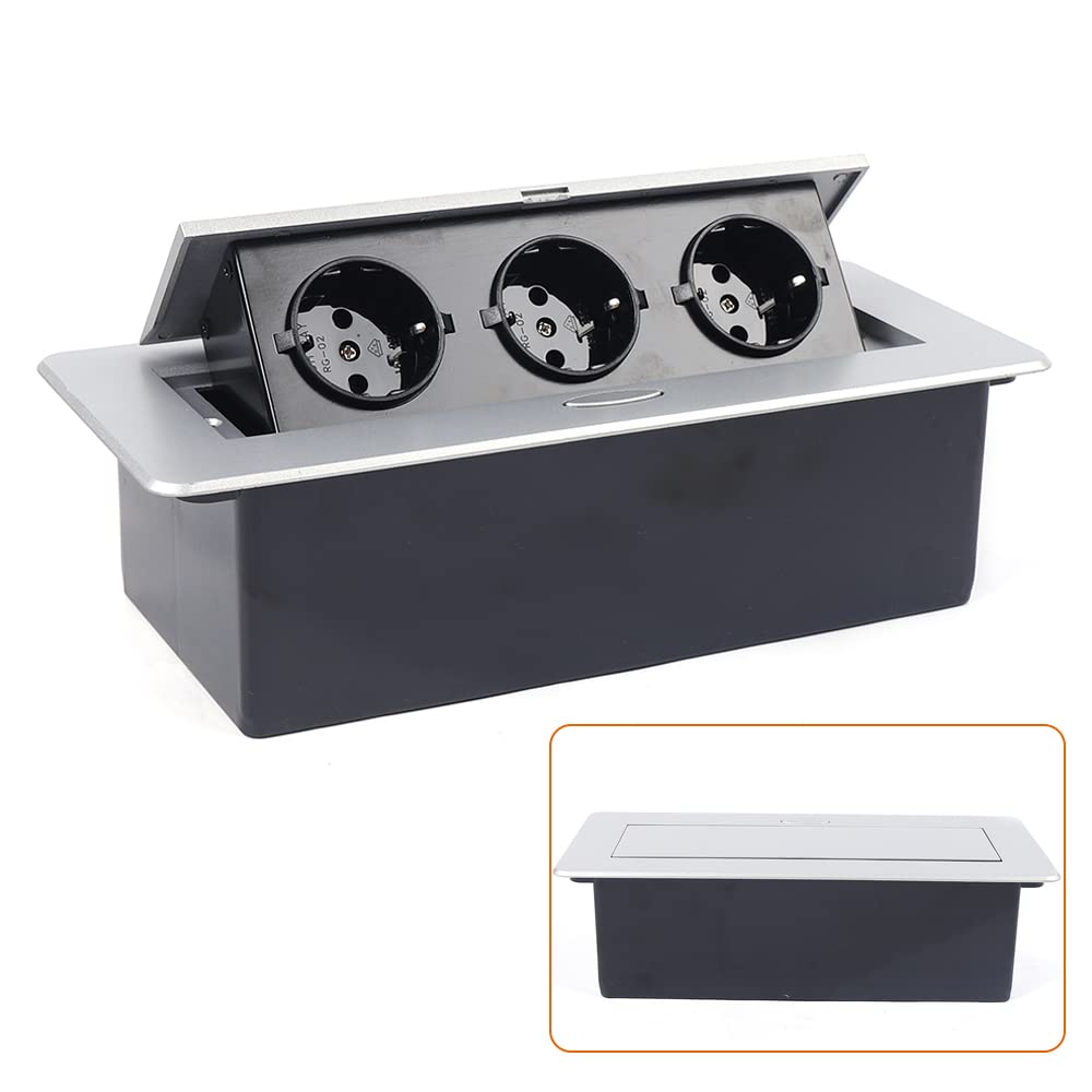 Ciabatta elettrica nascosta con coperchio ribaltabile, per scrivania e ufficio, colore nero, argento, 22,3 x 10,8 x 7 cm