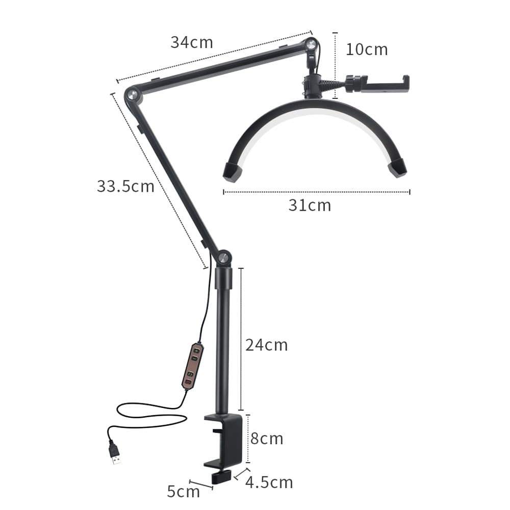 Andoer Lámpara LED de vídeo de 10 W, regulable, lámpara de media luna, 3200 K-5600 K, lámpara LED de suelo para pestañas con cable USB, abrazadera C, soporte para vlogging, salón de belleza,