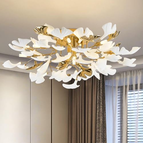 Image of Modern Chandelier Ceiling Light, Gold Ceramic Ginkgo Leaf Chandeliers Brass Chandelier Light Fixture for Kitchen Living Room Dining Room, 24 inch Ceiling Light Fixture