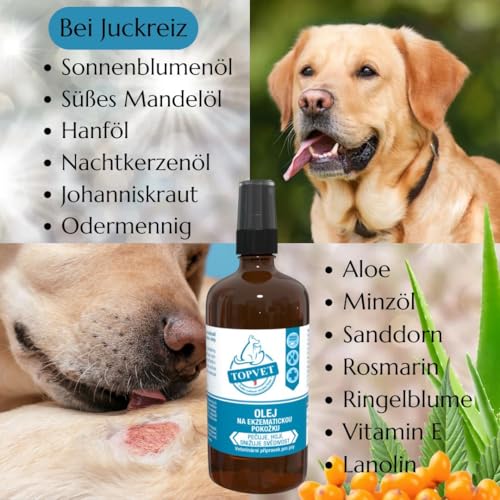 Hautölspray für Hund mit Ekzemen | Hautöl für Hunde | Juckreizmittel | Natürliche Fellpflege für Seidiges Fell & Vitale Haut | mit Hanf, Aloe, Mandelöl, VIT E | Natürlicher Schutz 100 ml
