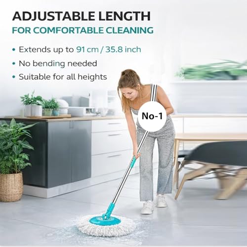 Image of Premium 360 Spin Mop Stick Rod with Stainless Steel Handle | Adjustable & Extendable Mop Handle | Heavy Duty Rust-Proof Floor Cleaning Rod Compatible with Spin Mop Refill - 4 Refill