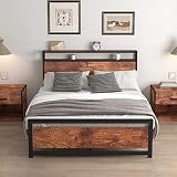Osfvolr Full Size Bed Frame, Industrial Metal Platform Bed Frame with 2 Tier Storage Wooden Headboar