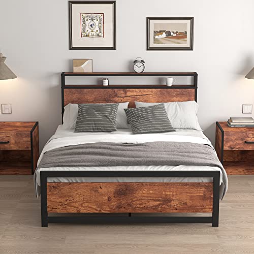 Osfvolr Full Size Bed Frame, Industrial Metal Platform Bed Frame With 2 Tier Storage Wooden Headboard And Footboard, Large Under Bed Storage, No Box Spring Needed, Easy Assembly, Vintage Brown #TOP3
