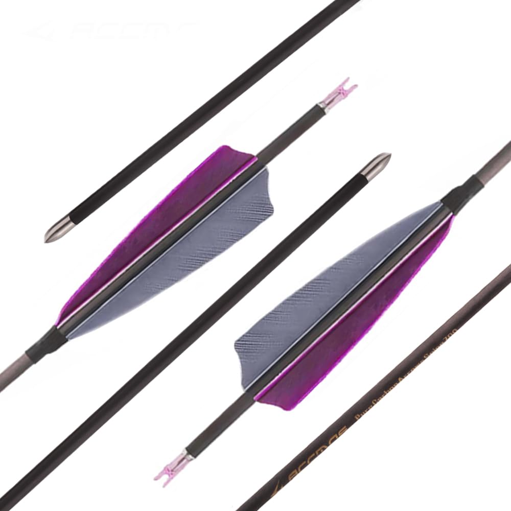 12 pz ID 4,2mm Freccia in Puro-carbonio, Spine 300 400 500 600 700 800 900 1000 Freccia da Caccia, 4" Piuma di Tacchino Grigio Viola, per Ricurvi/Compound Arco Tiro con l'arco