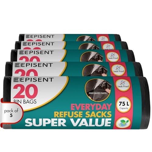 EPISENT Heavy Duty Bin Bags 75 L, 100 Pack Black Refuse Sacks 72 x 85 cm, Extra Strong Rubbish Bags for Home Garden and Commercial Waste Bins
