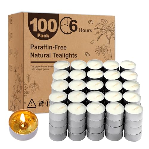 Unscented Palm Wax Tea Candles 100 Pack - 6 Hour Non-Paraffin Clean Burn
