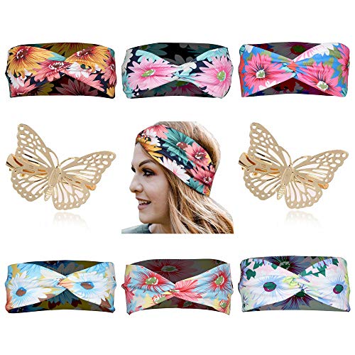 6 Pack Women Headband Boho Floal Style Criss Cross Head Wrap Hair Band （2 Pack Butterfly Hairpin）
