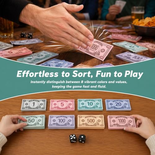 Board Game Currency Set with 560 Bills and 2 Dice, 8 Color-Coded Values from 1 to 1000, Educational Game Currency for Family Game Night, Trading Games and Classroom Activities,560 Bills + 2 Dice - Image 6