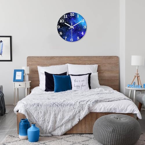 Image of XFM Blue Space Galaxy Wall Clock 12 Inch Silent Non-Ticking | Battery Operated Round Modern Glass Decorative for Living Room Kitchen Bedroom Office