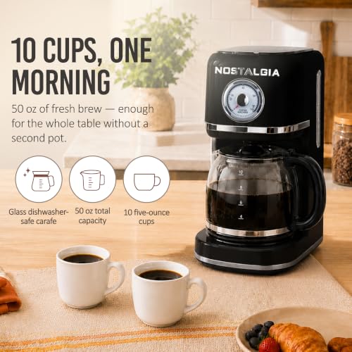 Image of Nostalgia Classic Retro 10 Cup Coffee Maker - One-Touch Drip Brew, Reusable Filter - Anti-Drip, Auto Shutoff, & Time Display - Dishwasher Safe 50 oz Carafe - Black