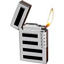 Cigar Lighters Soft Flame Lighter Retro Grinding Wheel Traditional Butane Lighter with Adjustable Flame Dial Vertical Ignition Roller Classic Metal Relief Lighter Silvery