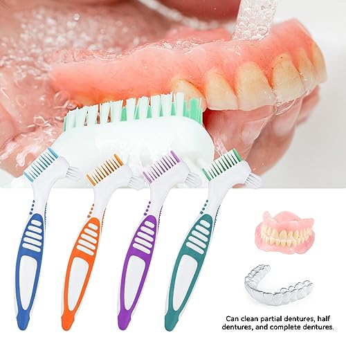 4 Stück tragbare Prothesenreinigungsbürsten, mit mehrschichtigen Borsten und ergonomischem Gummigriff, tragbare doppelseitige Gebissbü rste für die Prothesenpflege (4 Farben)
