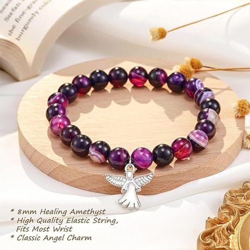 Caiyao Memorial Sympathy Bereavement Angel Guardian Protection Healing Natural Stone Beaded Stretch Elastic Adjustable Bracelet Faith And Love Inspirational Bangle Jewelry-Purple thumb #1