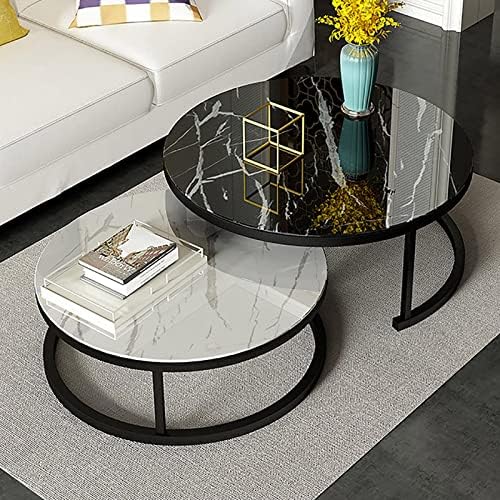 FZH Modern Round Coffee Table,Nesting Table Tempered glass and Metal,Side Table Set of 2,Sofa Table Center Tables Living Room (Color : Black Frame, Size : 28in+20in)