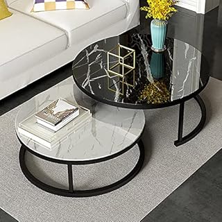 FZH Modern Round Coffee Table,Nesting Table Tempered glass and Metal,Side Table Set of 2,Sofa Table Center Tables Living Room (Color : Black Frame, Size : 28in+20in)