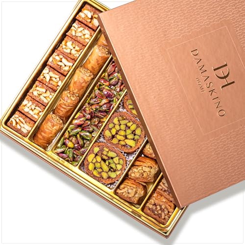 Damaskino Home Assorted Turkish Baklava Gift Box – 1.1lb (500g) 35 Pieces – Traditional Pistachio Baklava Pastry with Walnut & Cashew Fillings – Authentic Middle Eastern Sweets – Pistachio Gift Box