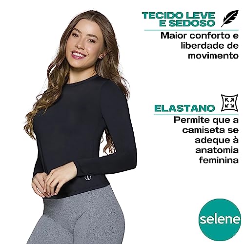 SELENE Camiseta Manga Longa Térmica Proteção Solar Feminina, Preto, M