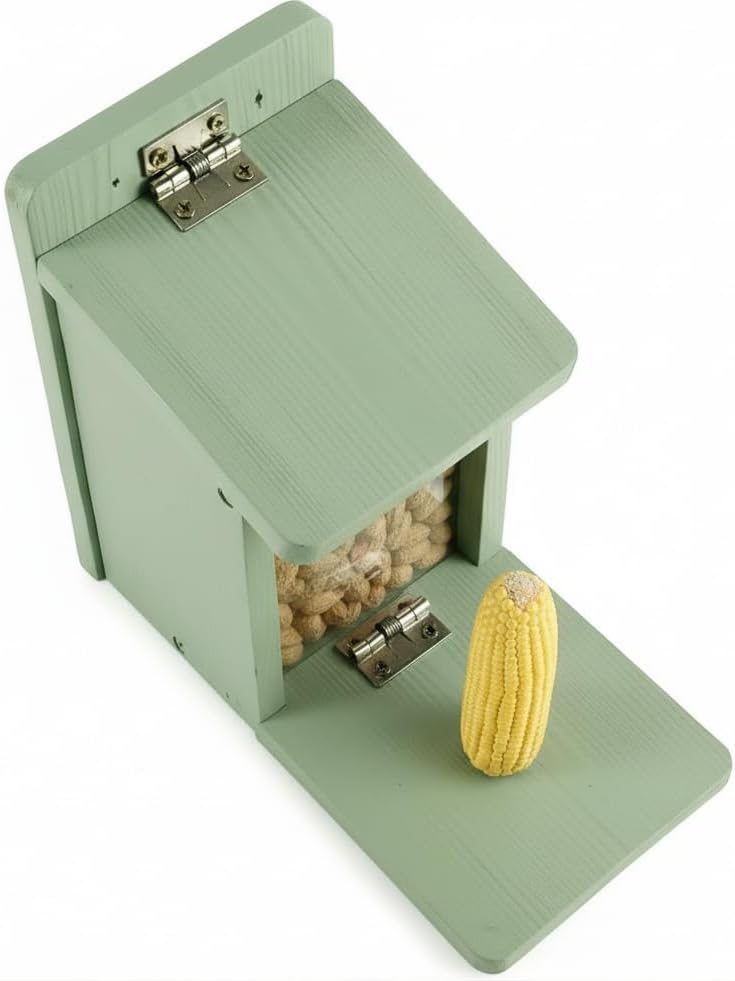 Premium Wooden Squirrel Feeder Box, Sturdy Squirrel Feeding House with Thickness 1.5CM Wood, No Assembly Required, for Backyard Outside Garden (Green)