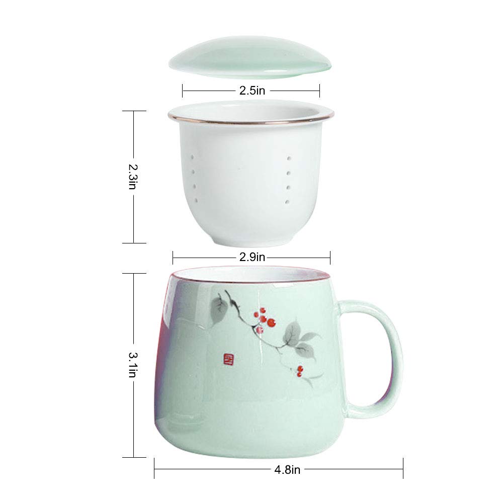 Taza de té de cerámica con infusor y tapa de cerámica. Taza de té de porcelana premium de 18 oz con estuche para té de hojas sueltas, infusiones de hierbas, té de flores y café (verde claro).