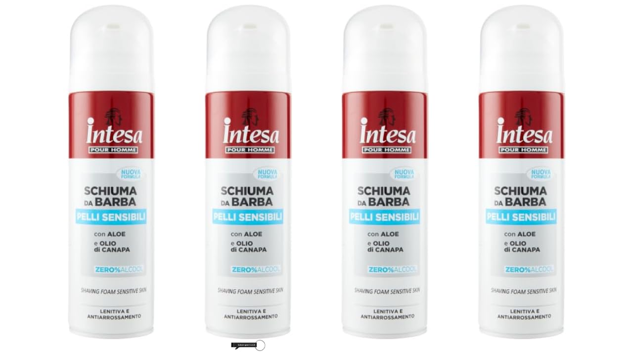 Intesa Pour Homme - 4 schiuma da barba per pelli sensibili, con aloe e olio di canapa, 0% alcol, 300 ml, + portachiavi Italy Shop Service gratuito